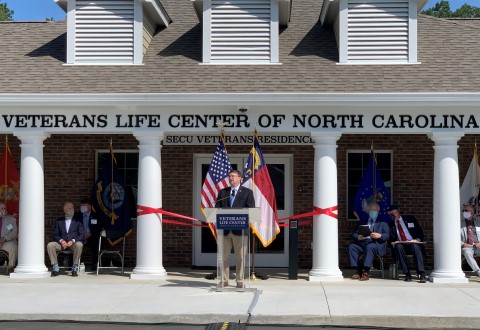 VA Secretary Robert Wilkie addresses a gathering of community partners and government officials during the grand opening of the Veterans Life Center, a comprehensive, residential rehabilitation center for transitioning Veterans in Butner, N.C. August 1. (photo by Stephen R. Wilkins)
